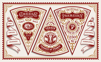 A bundle of vintage cheese labels or packages, all elements are in separate groups and easily editable
