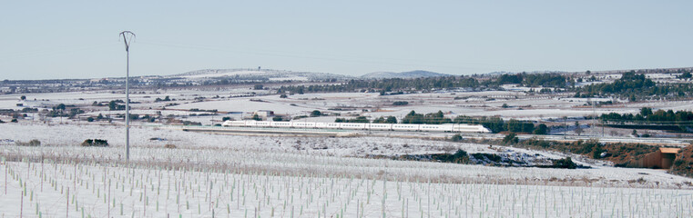 Fototapeta premium Frosty winter morning in the mountains while a fast train passes at full speed directly to its destination. View of Valencia in Spain of a winter forest landscape background.