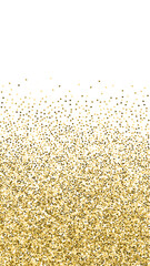 Gold triangles glitter luxury sparkling confetti. Scattered small gold particles on white background. Energetic festive overlay template. Beautiful vector background.