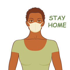 Vector illustration of girl in medicine mask. New coronavirus (Covid-19). Concept of coronavirus quarantine. Health care and flu protection. Stay home text.