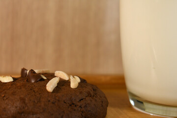 brownie double chocolate soft bake cookie with glass of white milk