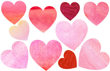 Fototapeta premium Collection of watercolour painted hearts as design background creative elements