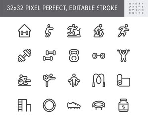 Summer sport flat icons. Vector illustration with minimal icon - beach games, kayak, badminton, skateboard, shuttlecock, diving, cycling, windsurfing and jogging simple pictogram. 32x32 Pixel Perfect