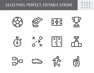 Football sport flat icons. Vector illustration with minimal icon - soccer, scoreboard, stopwatch, referee, field, judge whistle, championship score, fan finger, simple pictogram. 32x32 Pixel Perfect
