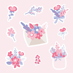 Set of vectorized flowers in flat style. Pink and lavender