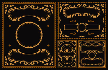 Aset of vintage vector borders on a dark background, these parts can be used for postcards and any packages in vintage style as well as for many other uses.