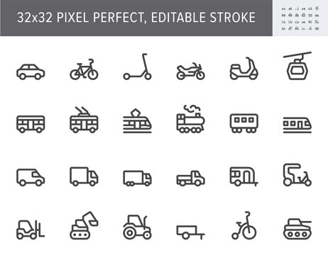 Transport side view flat icons. Vector illustration with minimal icon - bike, tram, train, electric scooter, trolley, railway, motorbike, trailer, excavator simple pictogram. 32x32 Pixel Perfect
