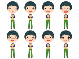 泣いたり落ち込んだり風邪を引いた男の子の全身イラストセット