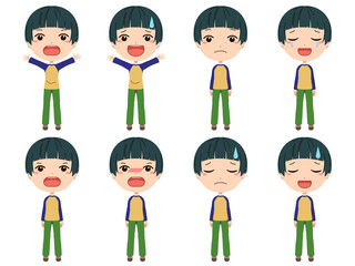 驚いたり落ち込んだり怒ったりしている男の子の全身イラストセット
