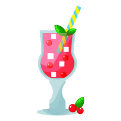 Fresh juices or coctails in flat style. Drink with ice slices and lemon. Design elements for cafe and restaurant menu. Healthy eating concept