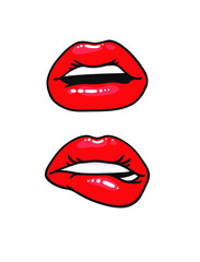 Sexy Female Lips with Gloss Red Lipstick. Pop Art Style Vector Fashion Illustration Woman Mouth. Gestures Collection Expressing Different Emotions