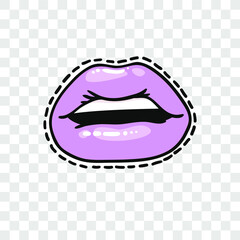 Stickers with Sexy Female Lips with Gloss Colorful Lipstick on Transparent Background Isolated. Pop Art Style Vector Fashion Illustration Woman Mouth. Gestures Collection Expressing Different Emotions