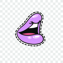 Stickers with Sexy Female Lips with Gloss Colorful Lipstick on Transparent Background Isolated. Pop Art Style Vector Fashion Illustration Woman Mouth. Gestures Collection Expressing Different Emotions