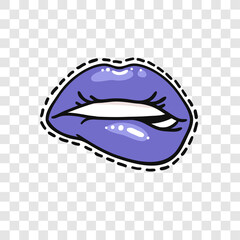 Stickers with Sexy Female Lips with Gloss Colorful Lipstick on Transparent Background Isolated. Pop Art Style Vector Fashion Illustration Woman Mouth. Gestures Collection Expressing Different Emotions