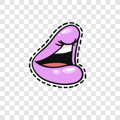 Stickers with Sexy Female Lips with Gloss Colorful Lipstick on Transparent Background Isolated. Pop Art Style Vector Fashion Illustration Woman Mouth. Gestures Collection Expressing Different Emotions