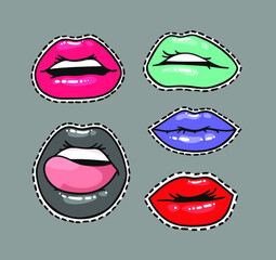 Set of Stickers with Sexy Female Lips with Gloss Colorful Lipstick. Pop Art Style Vector Fashion Illustration Woman Mouth. Gestures Collection Expressing Different Emotions
