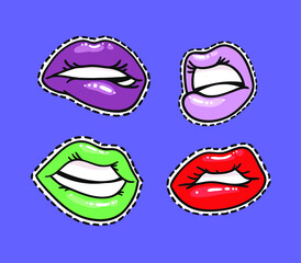 Set of Stickers with Sexy Female Lips with Gloss Colorful Lipstick. Pop Art Style Vector Fashion Illustration Woman Mouth. Gestures Collection Expressing Different Emotions