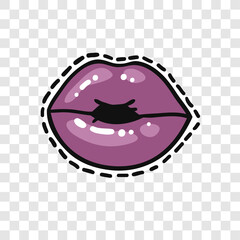 Stickers with Sexy Female Lips with Gloss Colorful Lipstick on Transparent Background Isolated. Pop Art Style Vector Fashion Illustration Woman Mouth. Gestures Collection Expressing Different Emotions