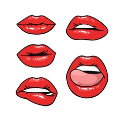 Sexy Female Lips with Gloss Red Lipstick. Pop Art Style Vector Fashion Illustration Woman Mouth. Gestures Collection Expressing Different Emotions