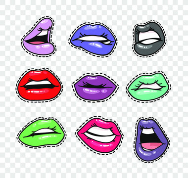 Stickers with Sexy Female Lips with Gloss Colorful Lipstick on Transparent Background Isolated. Pop Art Style Vector Fashion Illustration Woman Mouth. Gestures Collection Expressing Different Emotions