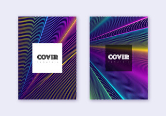 Hipster cover design template set. Rainbow abstract lines on dark blue background. Creative cover design. Great catalog, poster, book template etc.