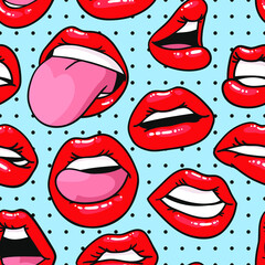 Seamless Pattern with Sexy Female Lips with Gloss Red Lipstick. Pop Art Style Vector Fashion Illustration Woman Mouth. Gestures Collection Expressing Different Emotions