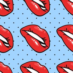 Seamless Pattern with Sexy Female Lips with Gloss Red Lipstick. Pop Art Style Vector Fashion Illustration Woman Mouth. Gestures Collection Expressing Different Emotions
