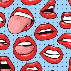 Seamless Pattern with Sexy Female Lips with Gloss Red Lipstick. Pop Art Style Vector Fashion Illustration Woman Mouth. Gestures Collection Expressing Different Emotions