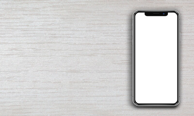 Smartphone with blank empty screen on white wood background