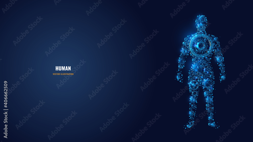 Poster digital 3d human body image consisting of gears and cogs in dark blue. human body function, medicine