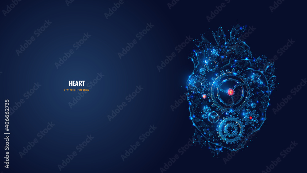 Poster digital 3d heart with gears inside. low poly human organ, cogs and gear wheel mechanisms. biohacking
