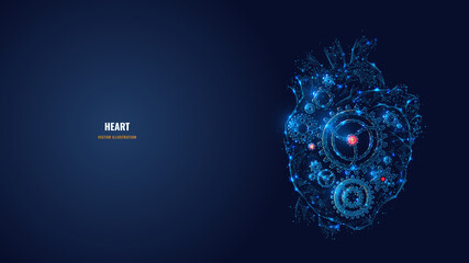 Digital 3d heart with gears inside. Low poly human organ, cogs and gear wheel mechanisms. Biohacking, medicine, health boost concept. Abstract vector dark blue wireframe with lines, dots and stars 