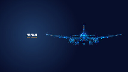 3d airplane isolated in dark blue. Abstract vector wireframe of airliner. Travel, tourism, business, airline transportation concept. Low poly glowing mesh with dots, lines, stars and flying particles 