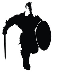 The black silhouette of a huge bulky knight running into battle with a shield and sword, in heavy plate armor completely covering his body . 2d illustration.