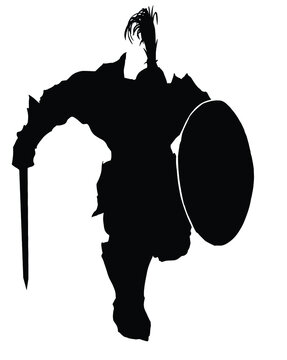 recommend clip art: The black silhouette of a huge bulky knight running into battle with a shield and sword, in heavy plate armor completely covering his body . 2d illustration.