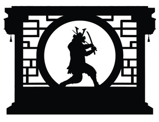 Black silhouette of a samurai standing in a fighting stance with two katanas in a round arch made in the Japanese style. 2d illustration.