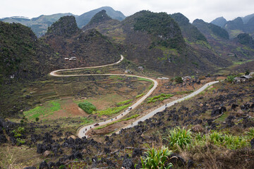 Curly road of Ha Giang, Vietnam, view from hill