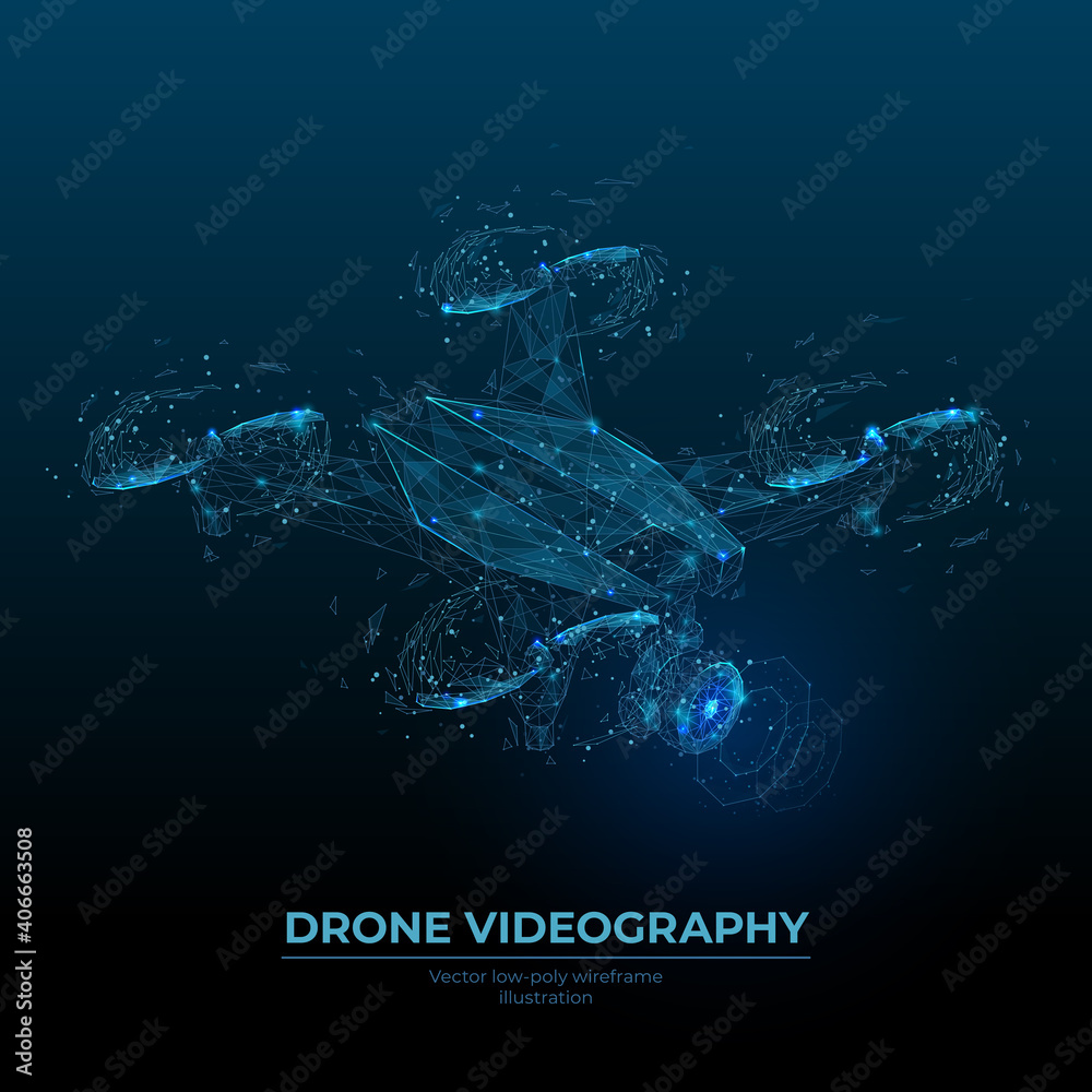 Poster abstract low poly 3d drone with camera in dark blue. drone videography, aerial photography, modern t