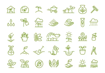 Fototapeten Set of icons. Growing seedlings plant shoots. Agriculture and gardener. Biotechnology plants. Sowing seeds. Vector contour green line. © ilyakalinin