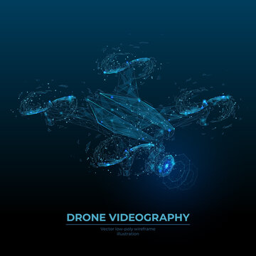 Abstract Low Poly 3d Drone With Camera In Dark Blue. Drone Videography, Aerial Photography, Modern Technology Concept. Digital Vector Illustration Of Quadcopter With Dots, Lines, Shapes And Particles