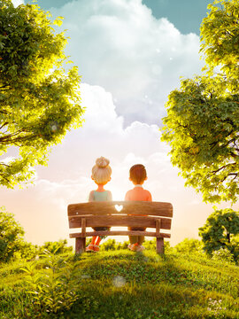 Couple in love sitting on bench in park at sunset.