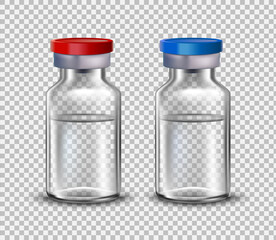 Vaccine ampoules, mock up for design of medical brochures. Vaccine for Sovid-19. 3D realistic style. On a transparent background. Vector.