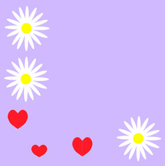 delicate light purple background with hearts and daisies, design template for greeting cards, banners, covers, valentine's day ads
