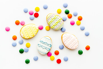 Easter colorful cookies and sweets. Top view