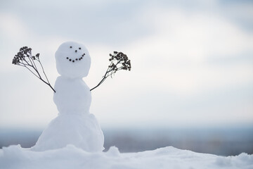 Happy snowman on a cold winter day with sky background