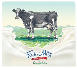Cow, drawing in a graphic style, against the background of the rural landscape with hills, with a splach milk in the foreground.