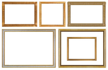 Fototapeta premium Set of golden frames for paintings, mirrors or photo isolated on white background