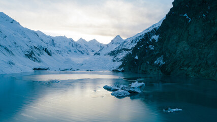 Aerial view of beautiful frozen glacier lagoon in Tibet,China