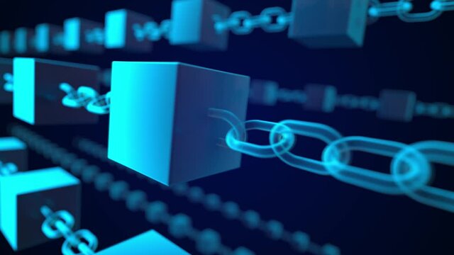 4K Block chain concept zoom out - Chain consists of network connections . cubes with binary numbers inside. interconnected blocks of data depicting a cryptocurrency blockchain on a dark background
