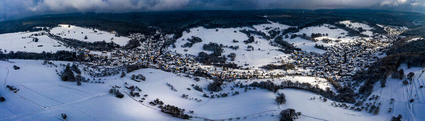 Fototapeta na wymiar Aerial view, winter landscape near Hessenthal, Mespelbrunn, Bavaria, Germany